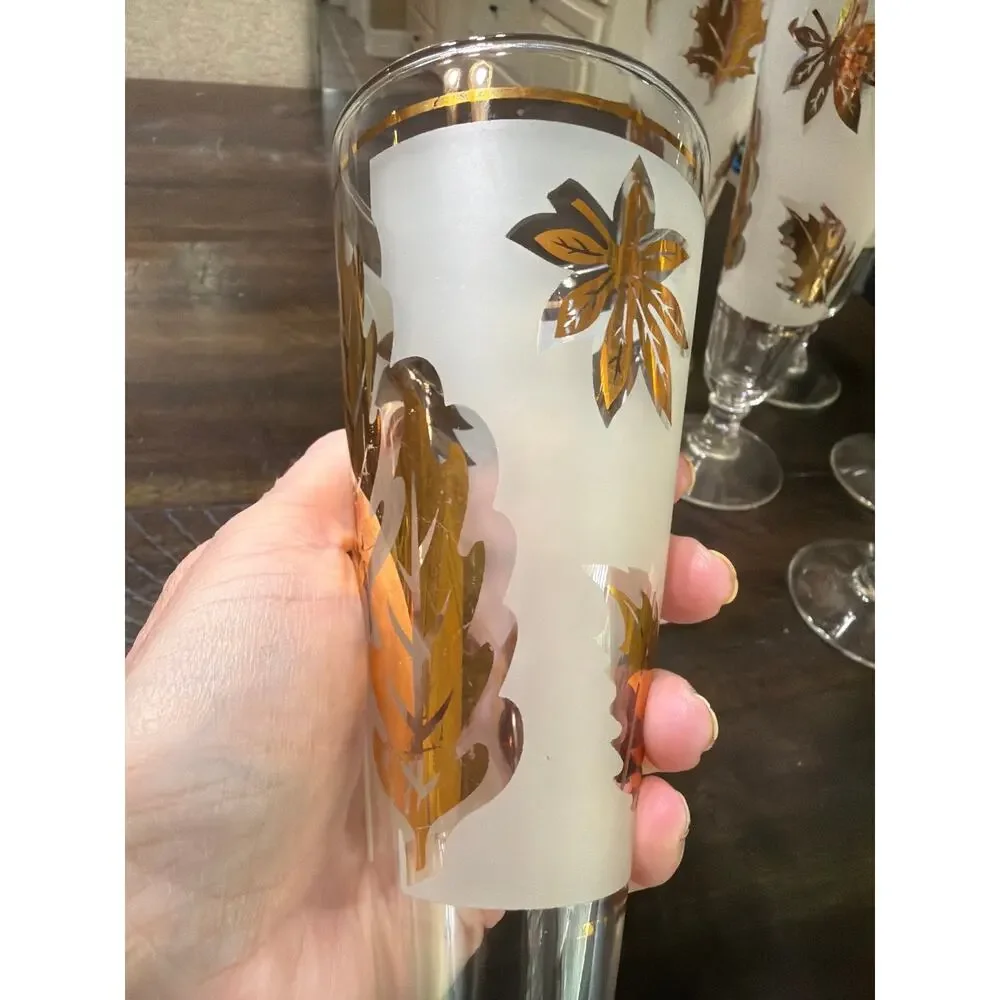 MCM Vintage 1960s Libbey Frosted Tom Collins Glass Gold Foliage Pattern 7
